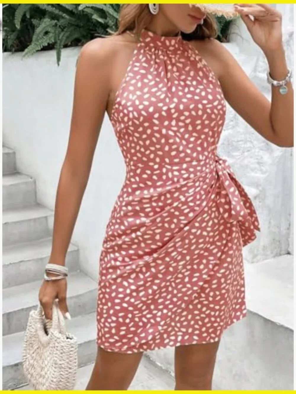 Dot Print Halter Neck Sundress Casual Zipper Back Tie Waist Summer Dress